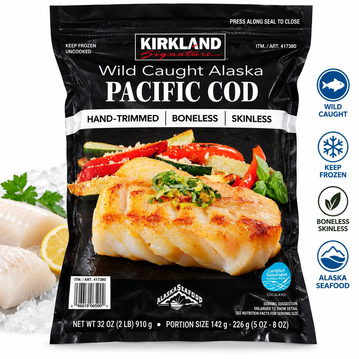 Kirkland Signature Wild Caught Alaska Pacific Cod – Boneless & Skinless 910g