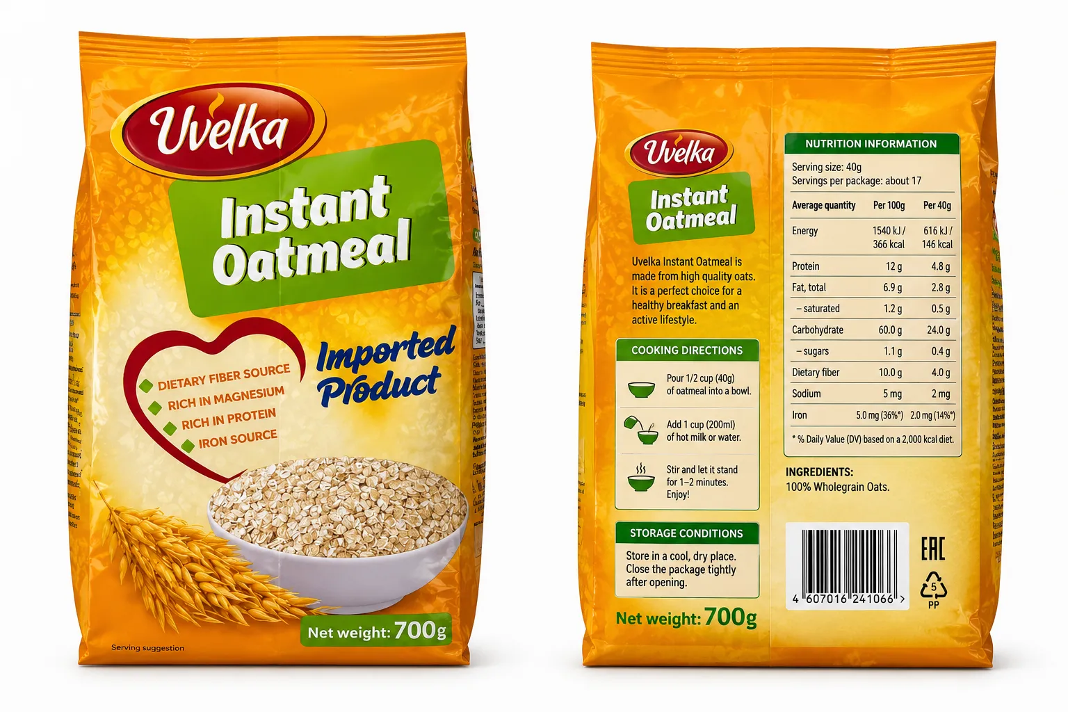 Uvelka Instant Oatmeal 700g – 100% Wholegrain Oats, Quick & Easy Breakfast