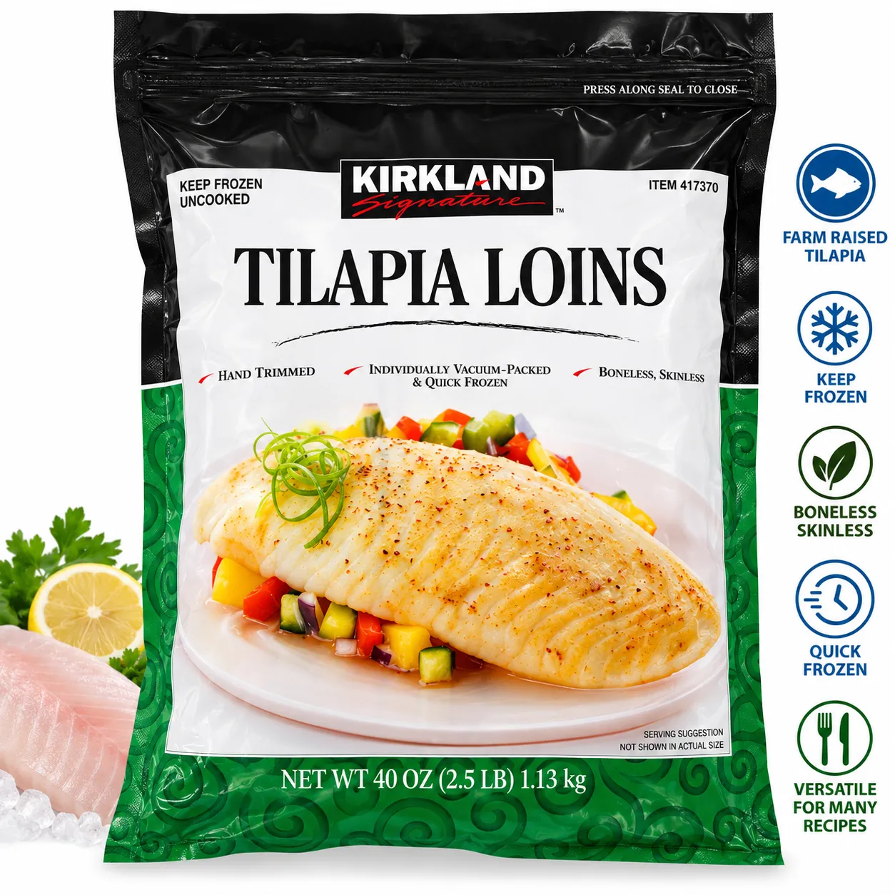 Kirkland Signature Tilapia Loins – Boneless & Skinless, 1.13kg