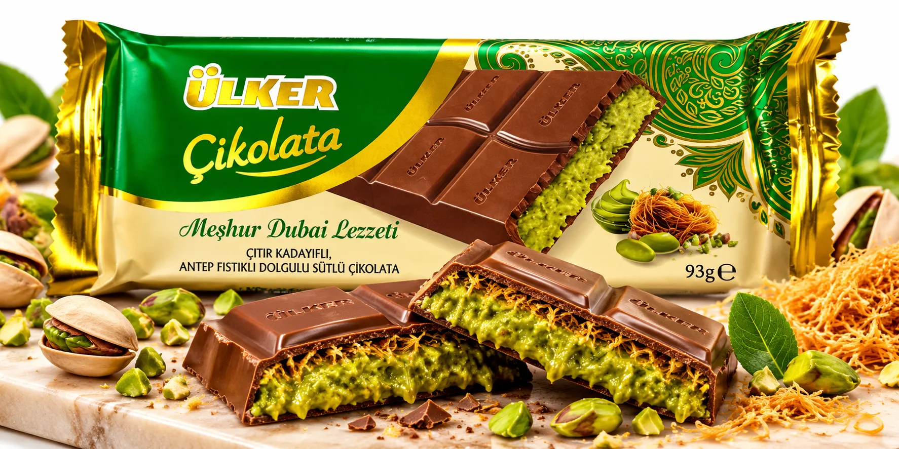 Ülker Dubai Chocolate 93g – Milk Chocolate with Pistachio Cream & Crispy Kadayif Filling